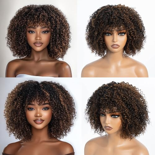 DÉBUT Glueless Bob Wigs Human Hair Short Curly Wigs with Bangs Wear and Go Kinky Curly Wig for Black Women 200% Density Highlight 1B Mixed Auburn Brown 12 Inches | Amazon (US)