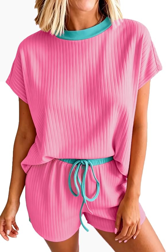 KevaMolly Women's Soft Ribbed Color Block Trim 2 Piece Set Casual Short Sleeve Top and Drawstring... | Amazon (US)