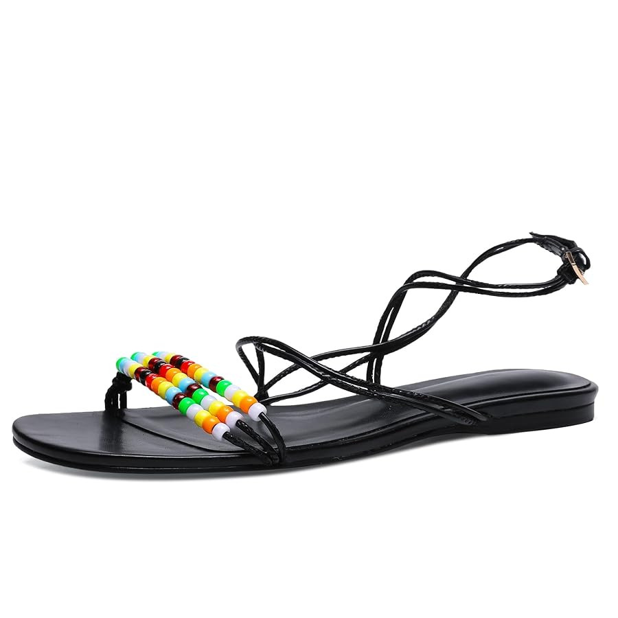 Flats Sandals for Women Strappy Beaded Peral Low Heel Round Open Toe Casual Vacation Beach Daily ... | Amazon (US)