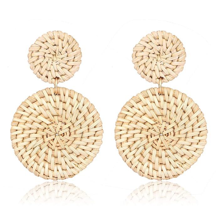 LIAO Jewelry Weave Straw Double Disc Drop Earrings Boho Rattan Dangle Statement Earrings | Amazon (US)