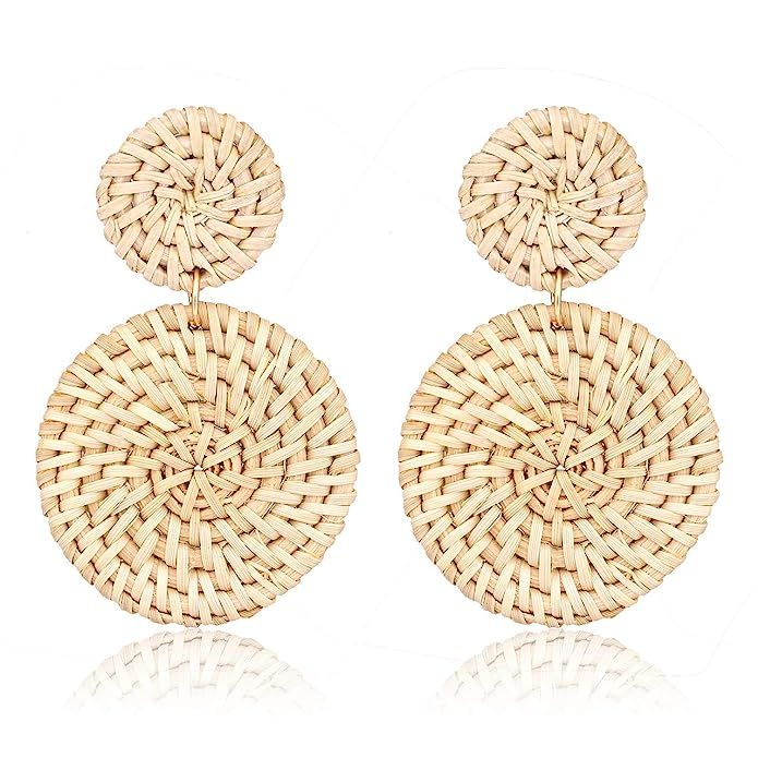 Weave Straw Double Disc Drop Earrings Boho Rattan Dangle Statement Earrings | Amazon (US)