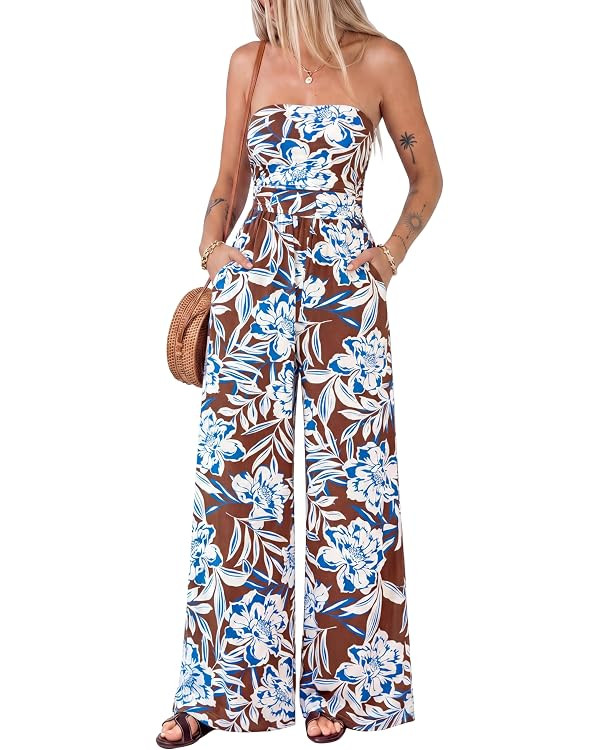 BTFBM Jumpsuits For Women Casual 2026 Floral Strapless Jumpsuit Wide Leg Rompers Beach Vacation C... | Amazon (US)