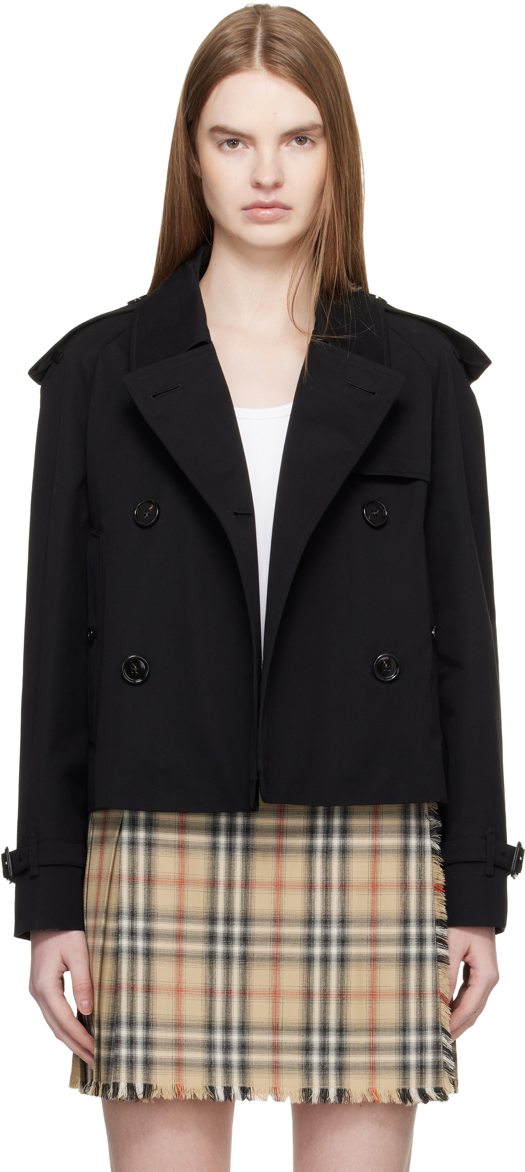 Burberry Black Cropped Gabardine Trench Jacket | SSENSE