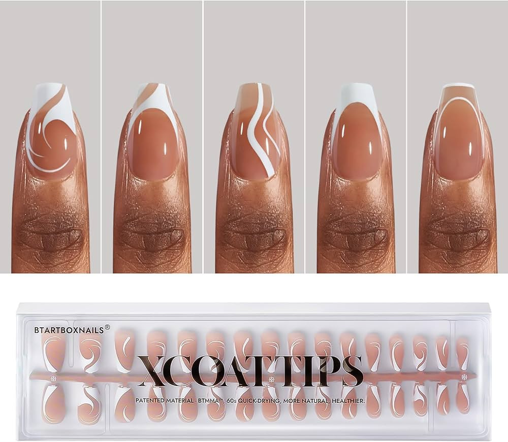 BTArtbox French Tip Press on Nails - 5 Styles XCOATTIPS Short Coffin Nails, Pre-Designed Swirl So... | Amazon (US)