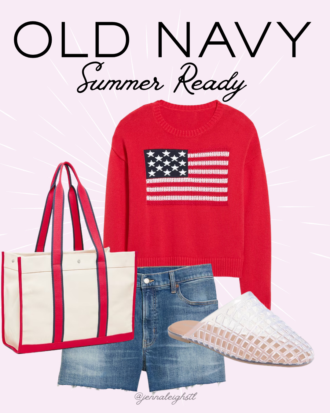 Summer Ready from Old Navy. A flag sweatshirt paired with jean shorts and red and white accessories makes the perfect easy, casual look for summer days. 

 #LTKootd #LTKSeasonal #LTKMidsize