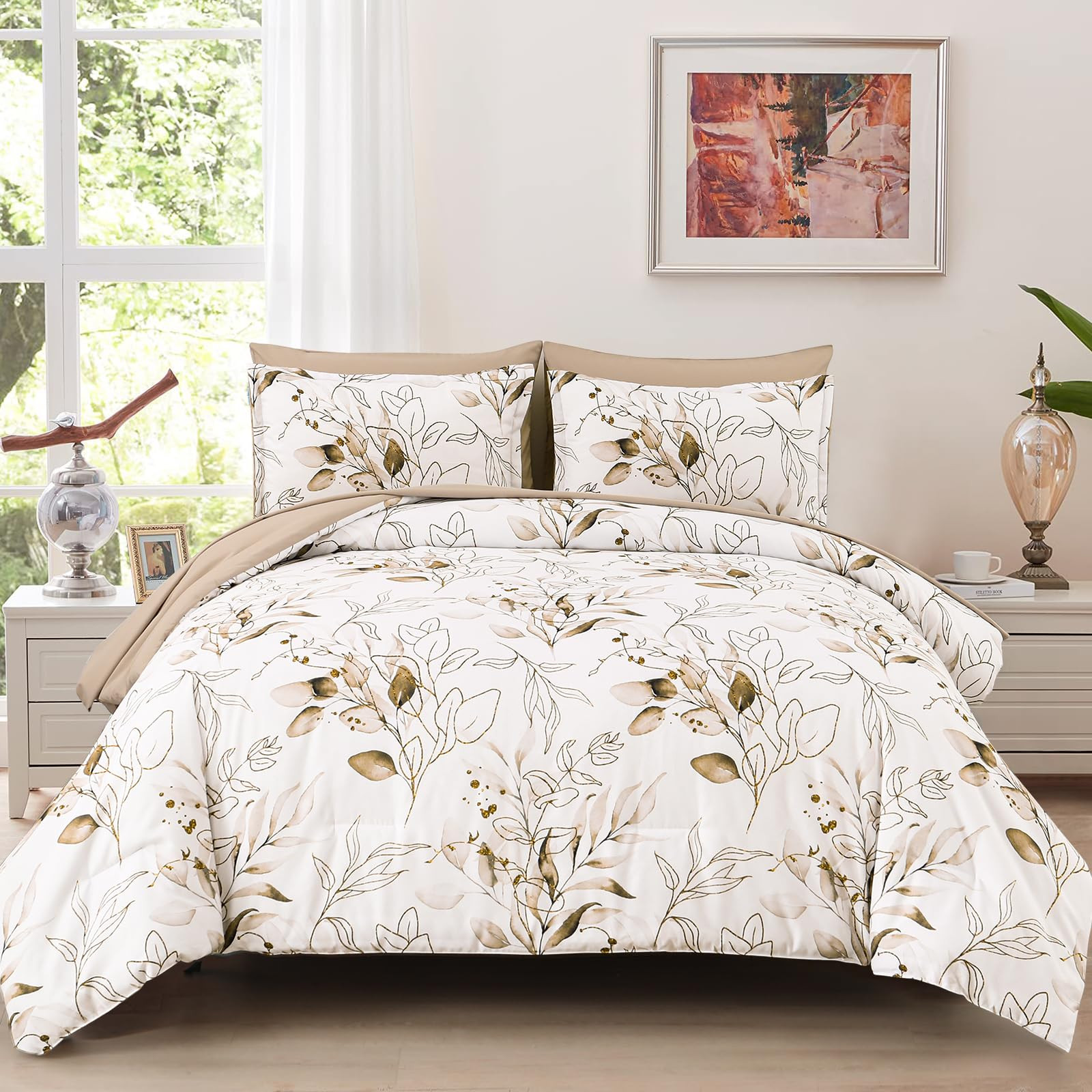 WONGS BEDDING Brown Comforter Set Full Size, 7 Pieces Botanical Bed in a Bag Golden Leaves Beddin... | Amazon (US)
