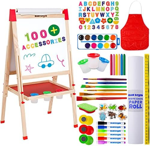 Blue Squid Art Easel for Kids - 100+ Accessories Double Sided Wooden Kids Easel Drawing Board wit... | Amazon (US)