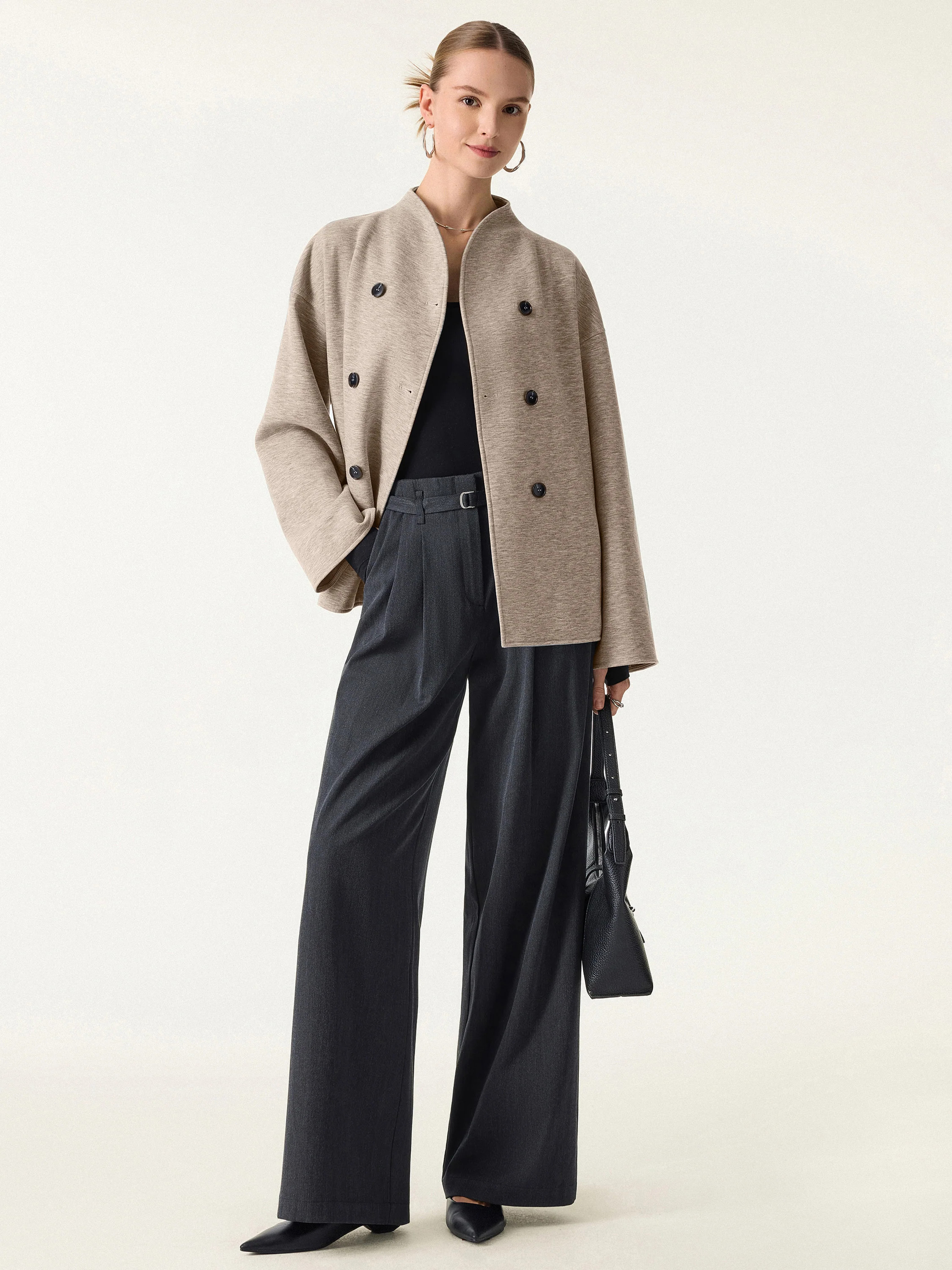 Stand Collar Double-Breasted Knit Jacket with Pockets | OGLmove