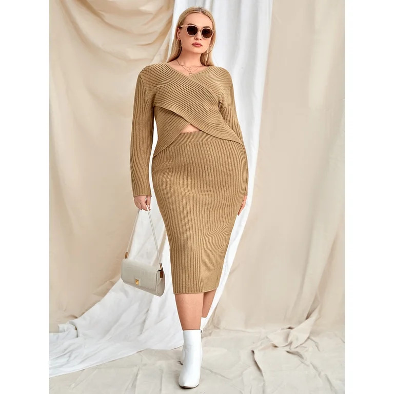 Women's Plus Wrap Cross Ribbed Knit Sweater Knit Skirt 12011202W231614 | Walmart (US)