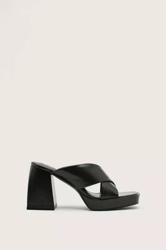 Faux Leather Cross Front Platform Heeled Mules | Nasty Gal (US)