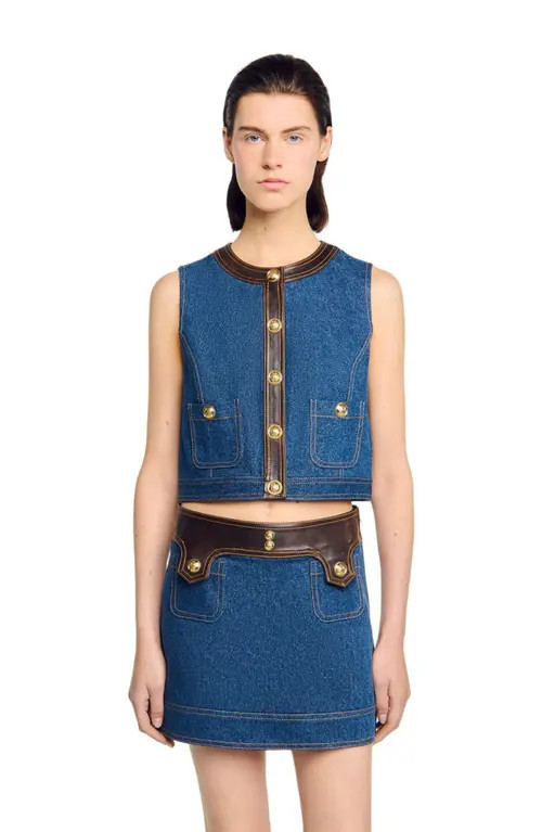 SANDRO Denim and leather top in Dark Blue at Nordstrom, Size X-Large | Nordstrom