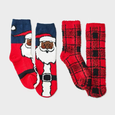Kids' 2pk Santa & Plaid Cozy Crew Socks with Gift Card Holder - Wondershop™ Navy Blue/Red M/L | Target
