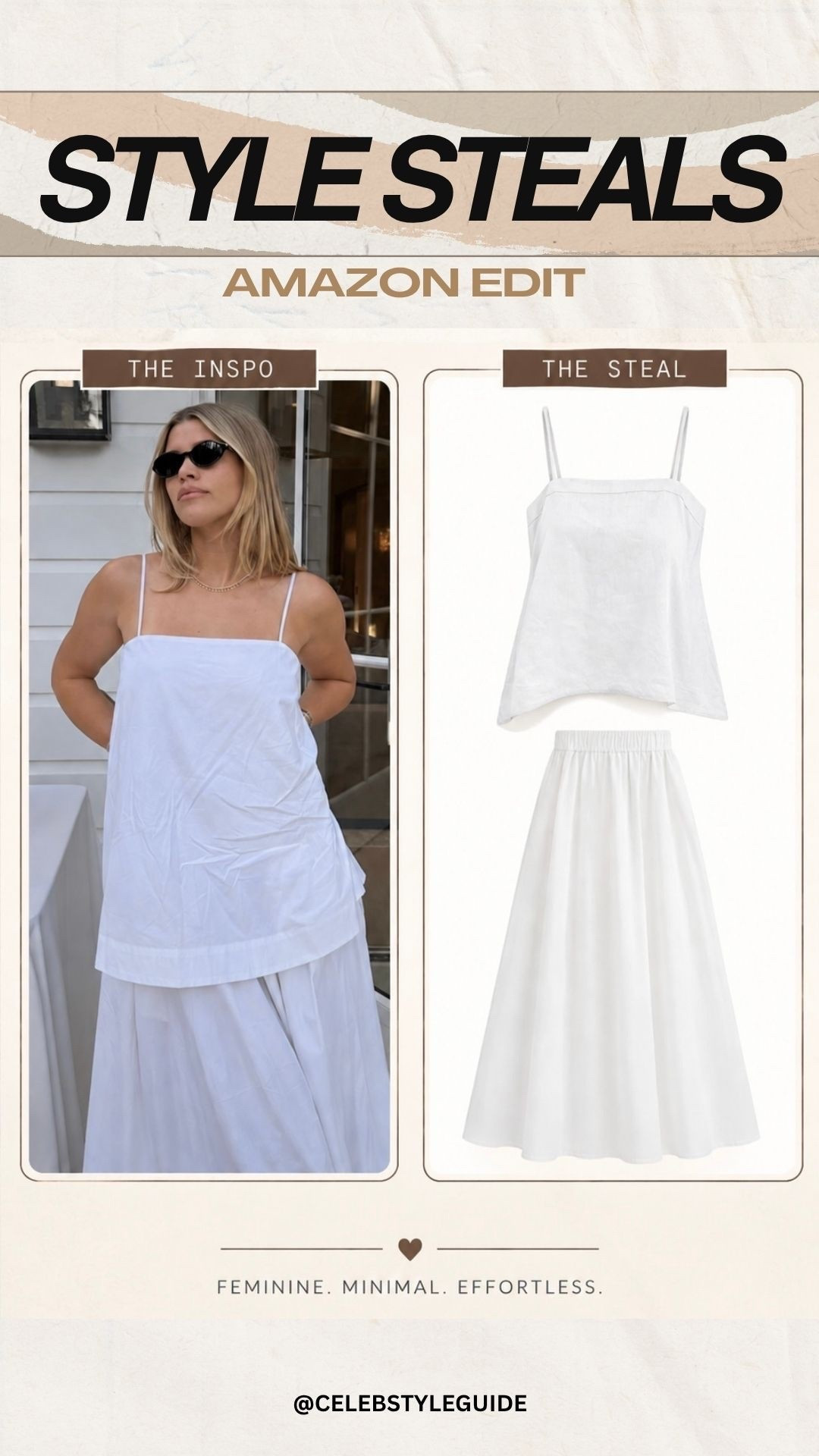 Sofia Richie Grainge does effortless summer style perfectly. Her all white matching set pairs a minimalist square neck cami with a breezy midi skirt for that polished, quiet luxury look she’s known for. I found an Amazon look for less that gives the same feminine, elevated aesthetic at a fraction of the price. Style it with black sunglasses, simple gold jewelry and minimal sandals for an easy Sofia Richie inspired outfit.

#SofiaRichieGrainge #SofiaRichieStyle #CelebrityStyle #CelebrityFashion #LookForLess #AmazonFashion #AmazonFinds #QuietLuxury