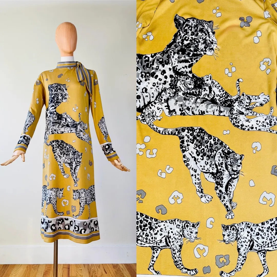 Vintage 70s Paganne leopard print midi dress ~ Gene Berk ~ high neck ~ mother & baby animals ~ no... | Etsy (US)