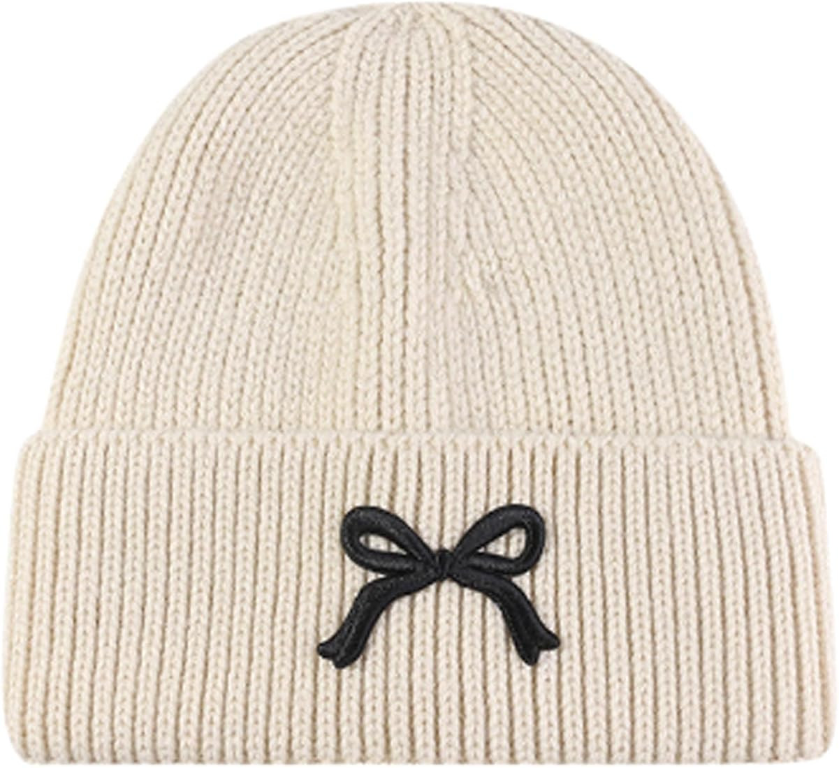 Women Bow Beanie Hat Winter Warm Knit Hats 2024 Cute Embroidery Bowknot Caps Streetwear | Amazon (US)