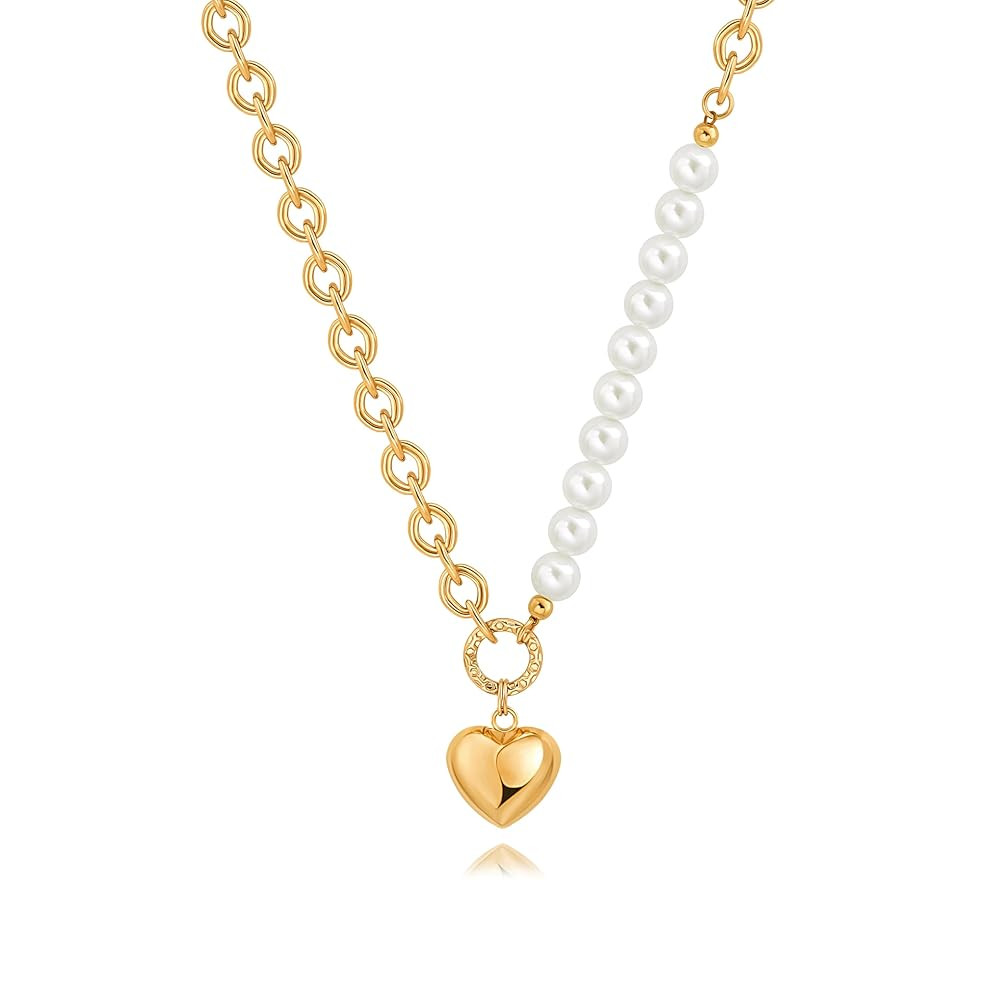 18k Gold Chain Link Necklace for Women, Baroque Pearl/Compass Pendant Necklace | Amazon (US)