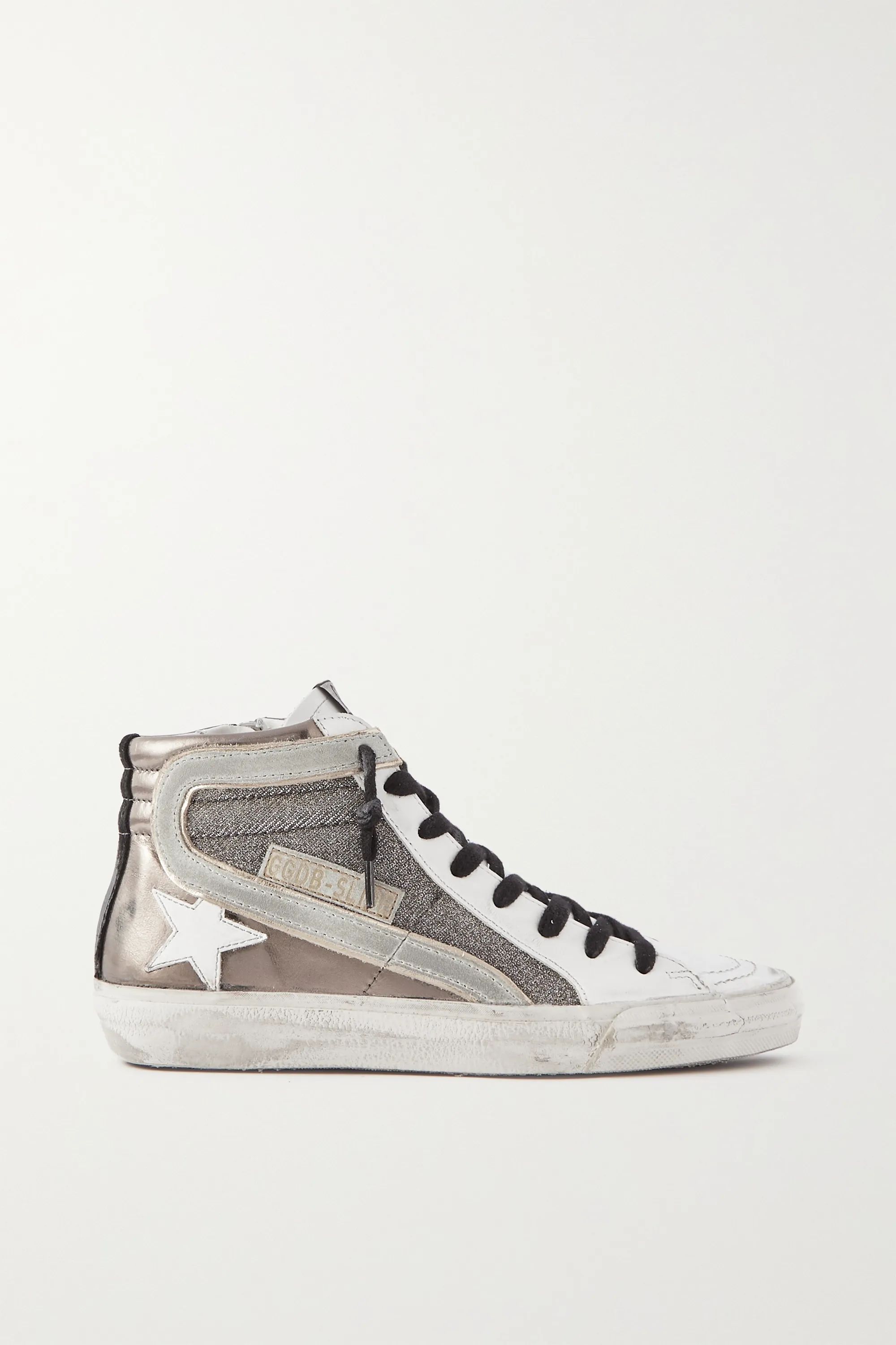Gunmetal Slide distressed suede-trimmed leather and Lurex high-top sneakers | Golden Goose | NET-... | NET-A-PORTER (US)