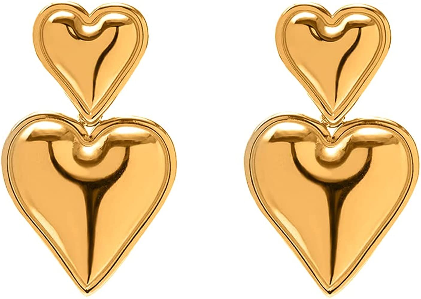 Heart Drop Earrings Double Heart Statement Dangle Earrings for Women Girls Gold Silver | Amazon (US)