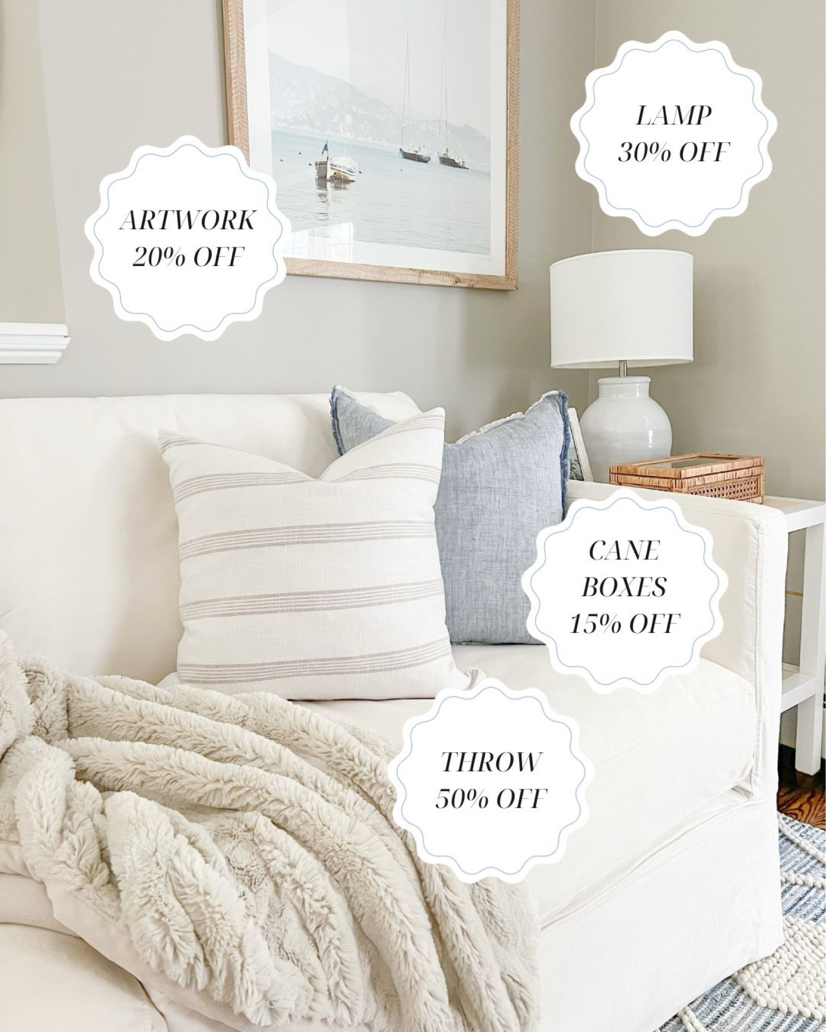 So much of my living room is currently on sale, including this artwork (sale ends Sunday night!), my throw blanket, lamp, side table, cane boxes, rug, and more!
-
living room decor, coastal decor, beach house decor, living room ideas, coastal artwork, beach artwork, living room artwork, coastal lamps, throw blankets, faux fur throw, pottery barn throw blanket, coastal side tables, gifts for her, gifts for women, striped pillow covers, blue pillows, blue and white rugs, living room rugs, 8x10 rugs, blue lamps, coastal lighting, serena & lily lamps, living room decor, cyber monday sale, black friday sale, home decor on sale

#LTKhome #LTKsalealert #LTKCyberWeek