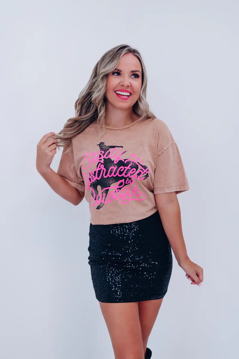 Easily Distracted By Cowboys Graphic Tee - Taupe | Whiskey Darling Boutique