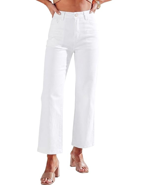 Astylish Women's Trendy Straight Leg Stretchy Jeans Mid High Waisted Cropped Jeans Wide Leg Denim... | Amazon (US)