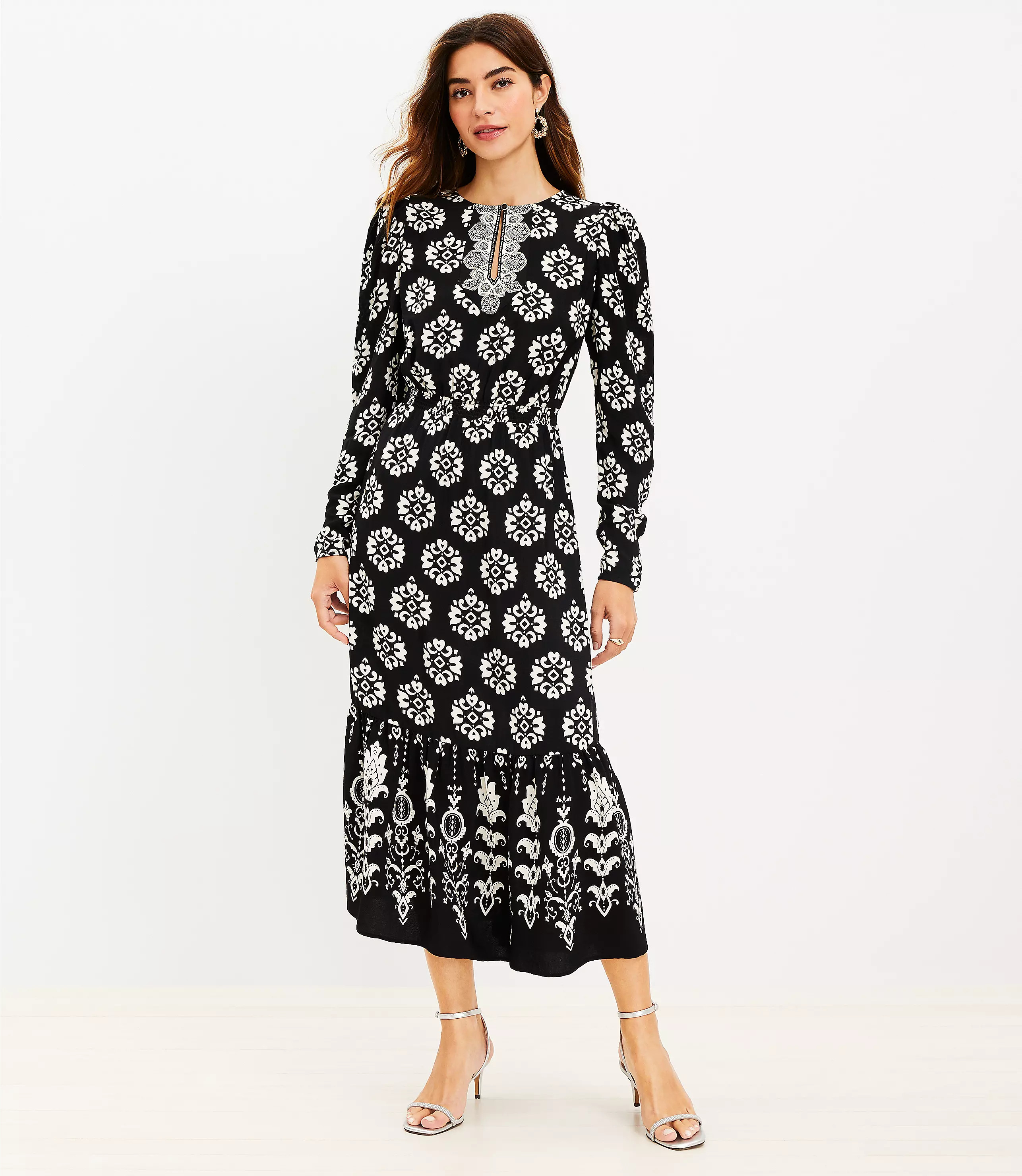 Geo Pleated Sleeve Flounce Midi Dress | LOFT