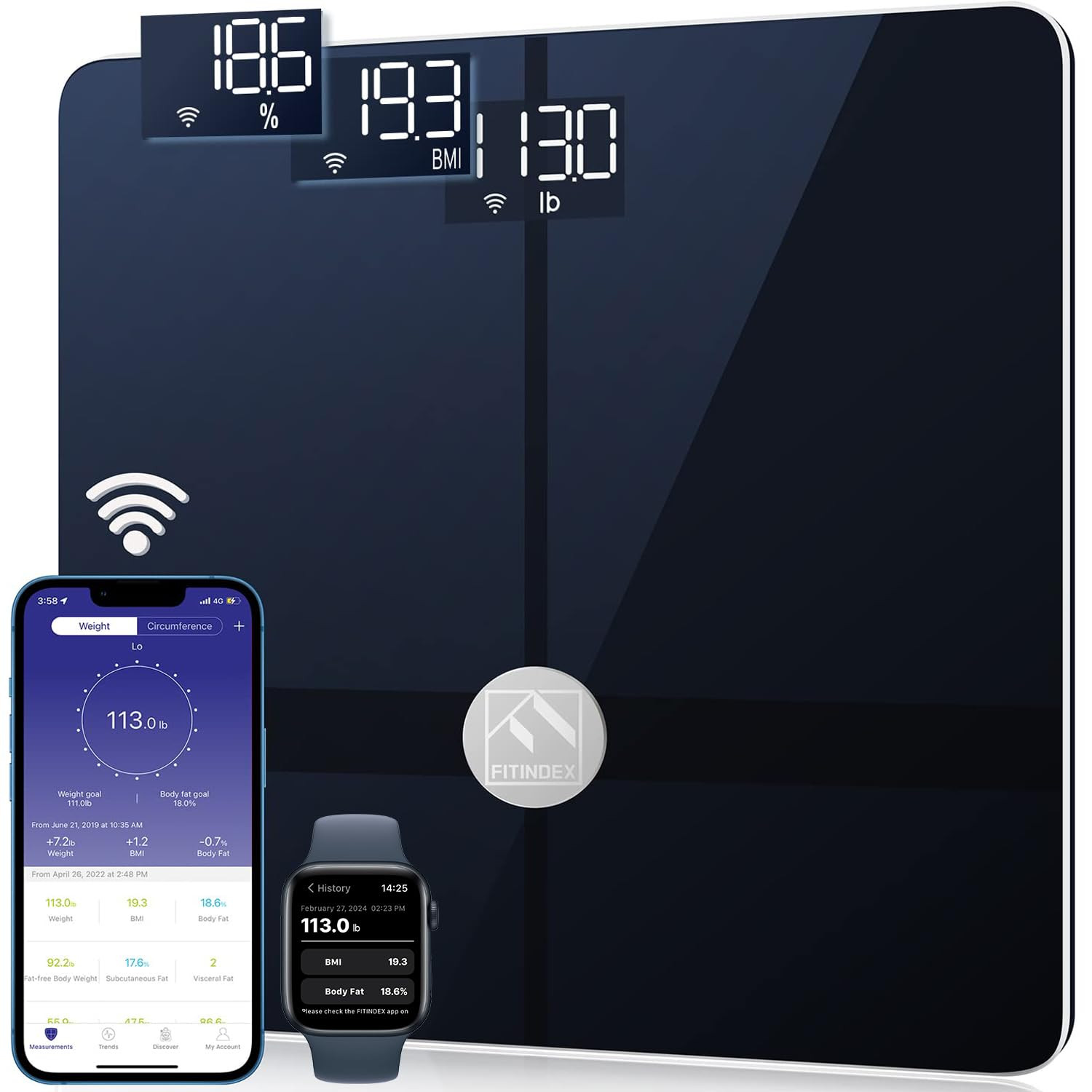 FITINDEX Wi-Fi Scale for Body Weight, Smart Scale with BMI, Body Fat, Muscle Mass, Digital, Bluet... | Amazon (US)