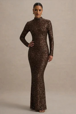 Galaxy | Brown Sequin High Neck Long Sleeve Maxi Dress | Club L London
