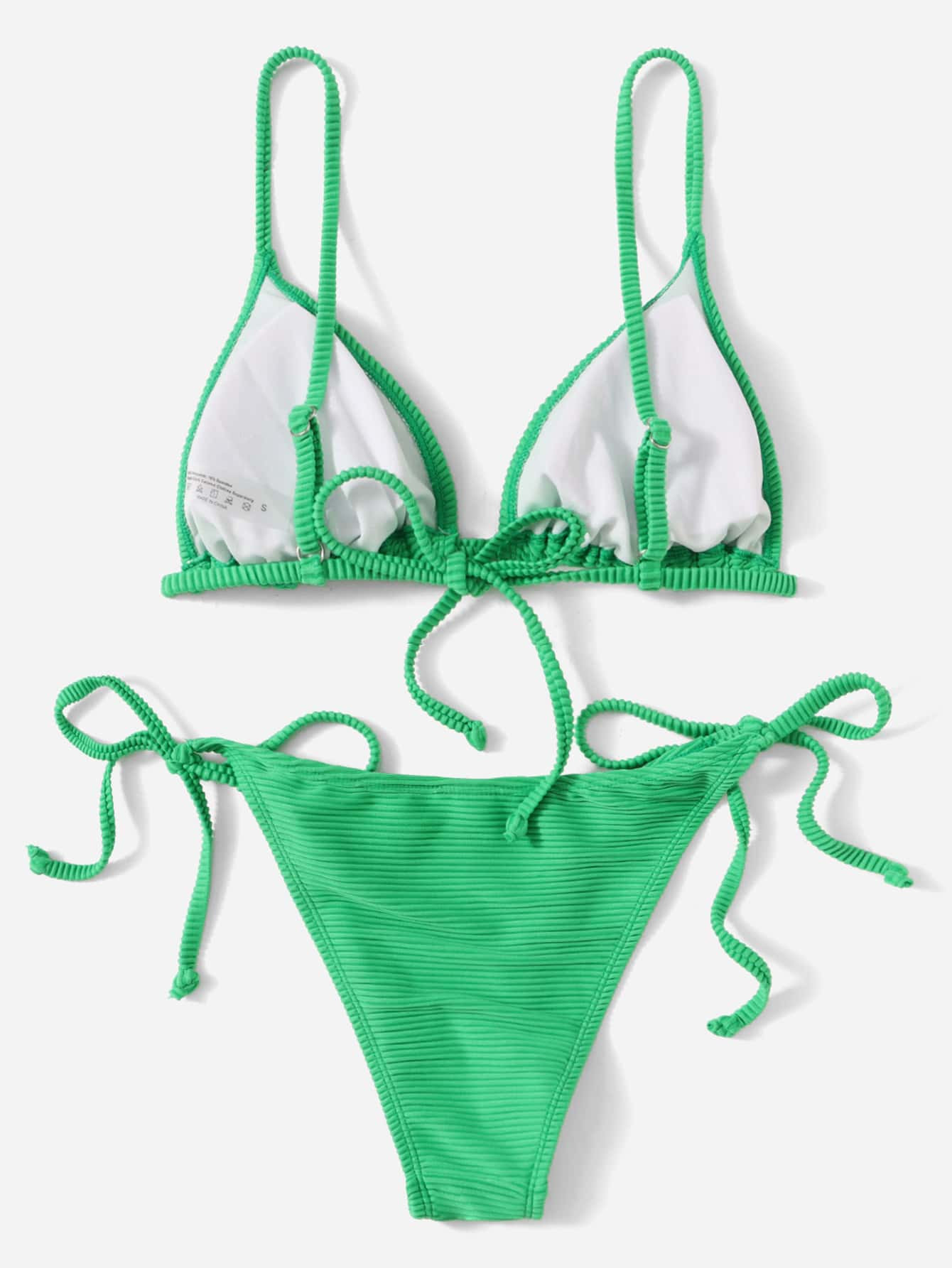 Sweetra Summer Beach Ribbed Bikini Set Tie Back Triangle Bra Top & Tie Side Bikini Bottom 2 Piece... | SHEIN