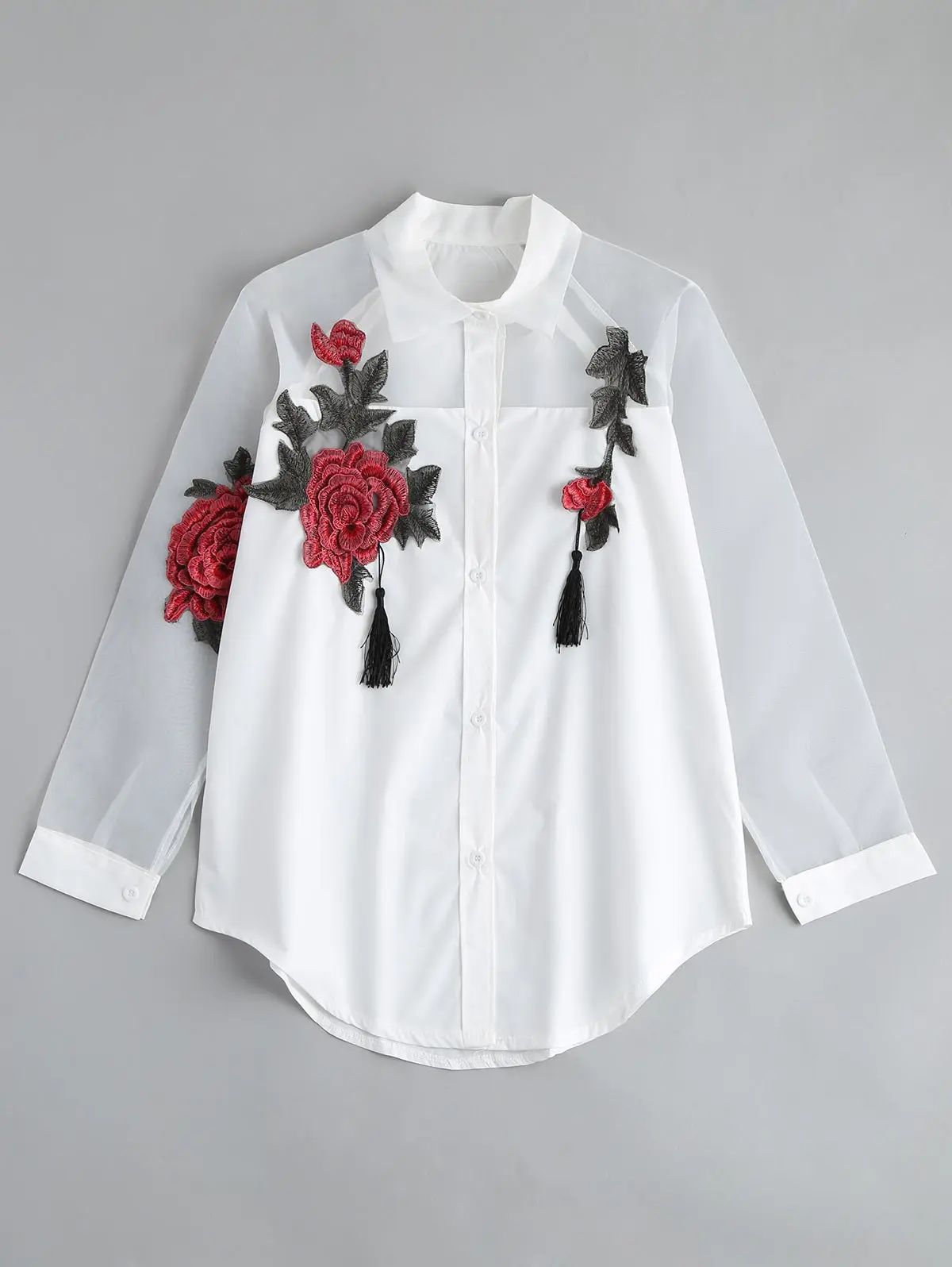 Floral Embroidered Button Up Tassel Shirt | Rosegal US