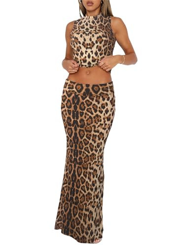 Skirt Sets Women 2 Piece Outfits - Sexy Two Pc Sleeveless Tank Crop Top Fold Over Maxi Long Skimss Dupe Cheetah Leopard Print M | Amazon (US)