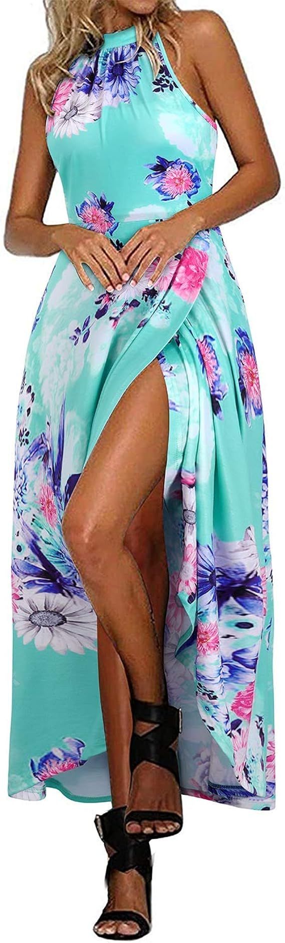 STYLEWORD Women's Halter Neck Sleeveless Casual Summer Beach Front Split Floral Maxi Long Dress | Amazon (US)