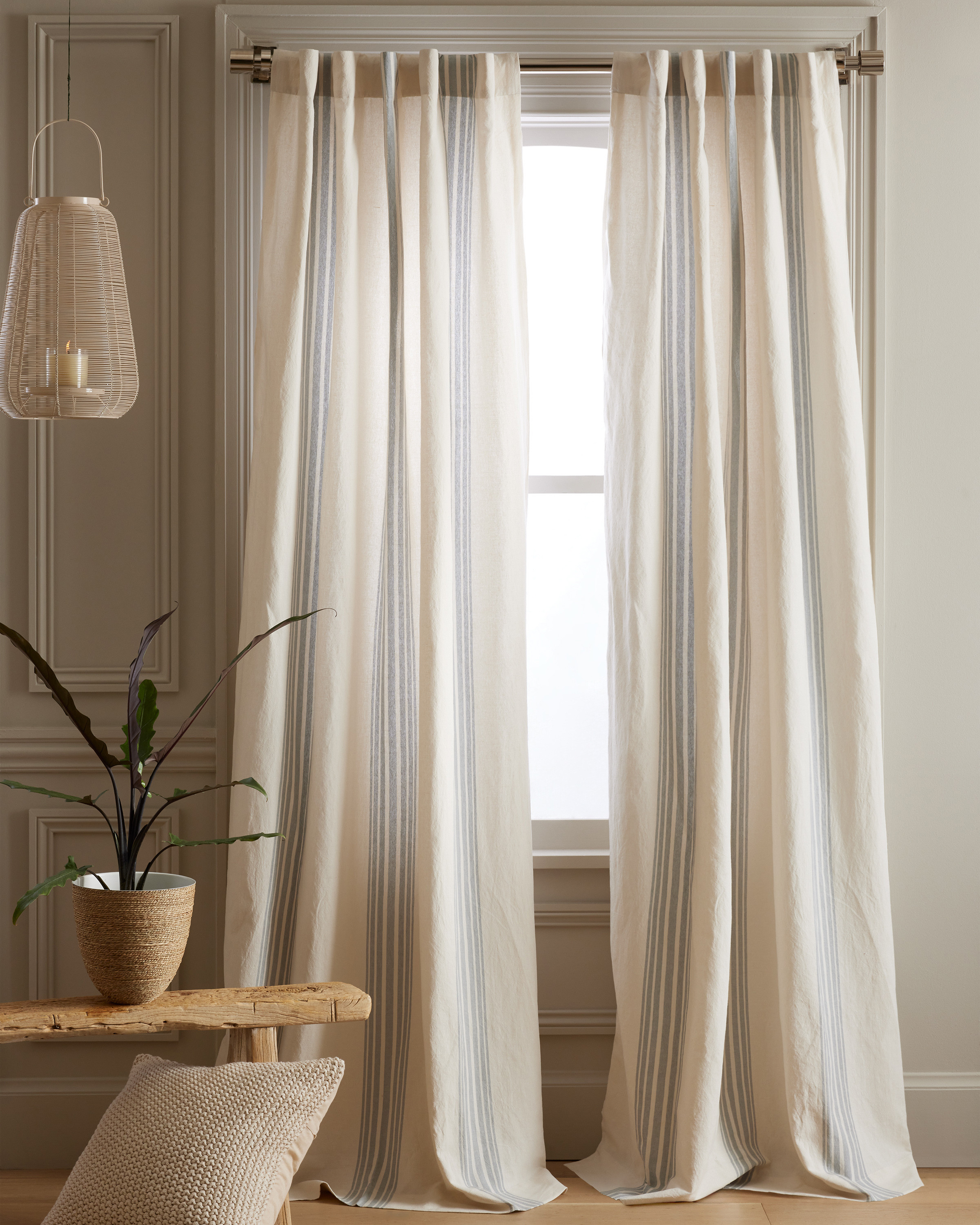 Quince | Coastal Stripe Linen Cotton Curtain in Ivory/Light Blue, Size 48x96, Cotton Linen | Quince
