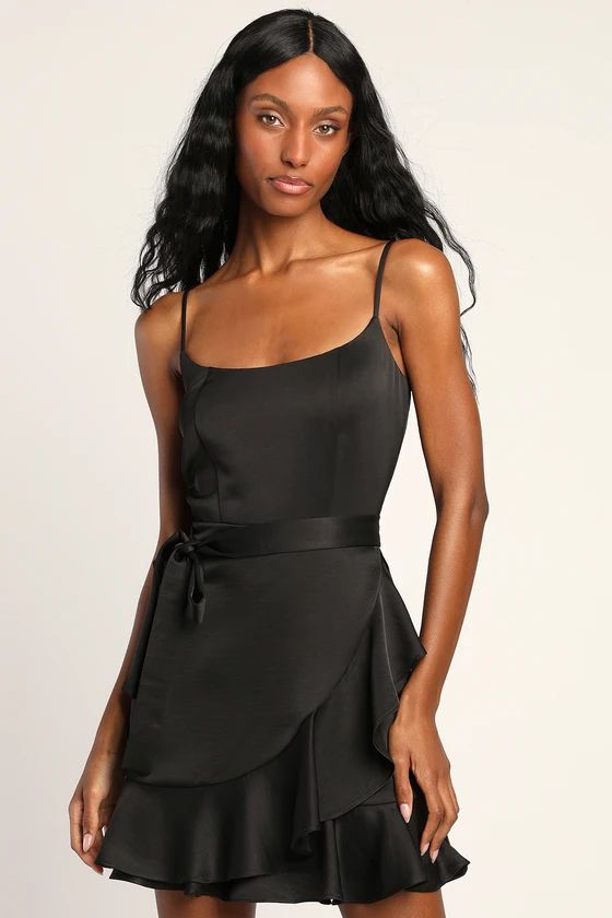 Glamourous Lifestyle Black Satin Faux-Wrap Mini Dress | Lulus (US)