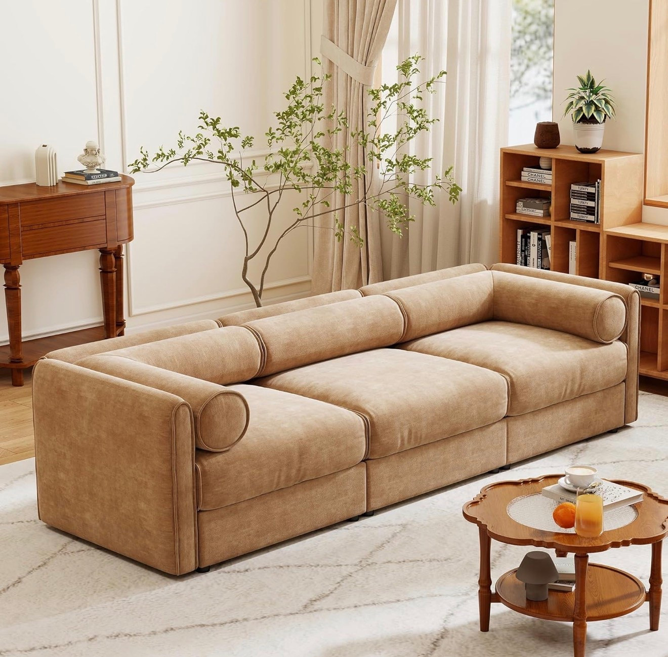 Oversized Modular Sectional Sofa with Storage Seat, 109" Chenille Sofa with Cylindrical Backrest & Armrest, Modern Comfy 3-Seat Sofa Upholstered Deep Seat Couch for Living Room Apartment, Camel #couch #browncouch #livingroomfurniture 

#LTKHome
