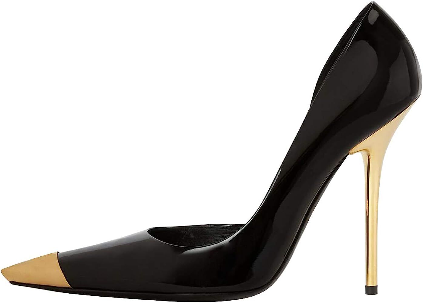 FSJ Women Sexy Pointy Cap Toe High Gold Heel Pumps Half D'Orsay Slip On Patent Prom Party Dress Shoe | Amazon (US)