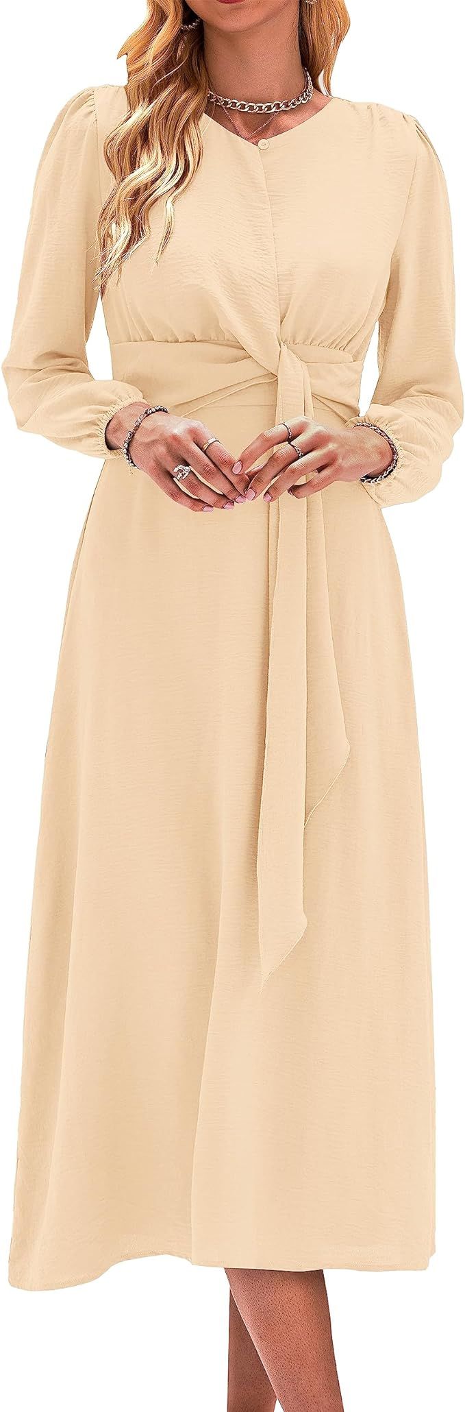XIONGMEI Women's Casual Fall Long Sleeve Dresses 2023 Crewneck Tie Waist Zipper Plain Maxi Weddin... | Amazon (US)