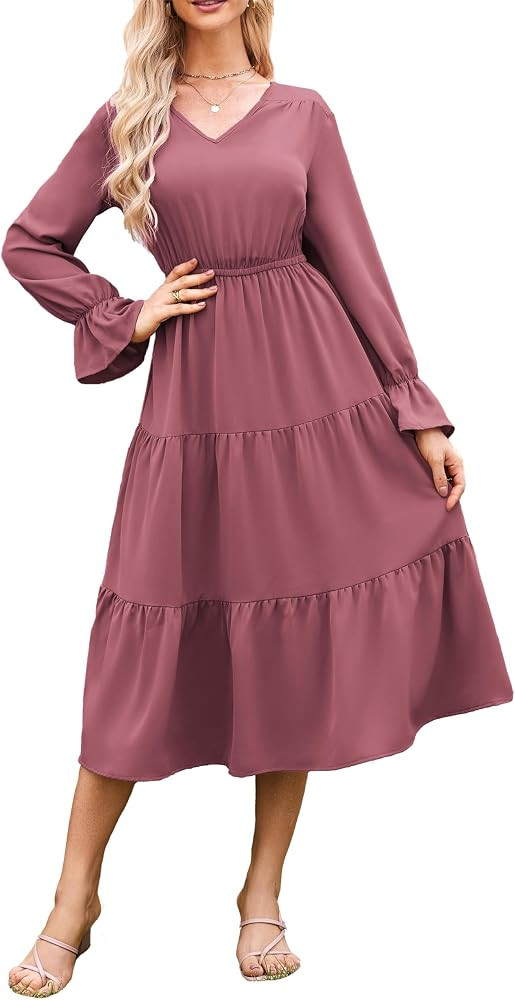 GRACE KARIN Women V Neck Long Sleeve Dress Casual Elasticated Waist Tiered A-Line Dress | Amazon (UK)