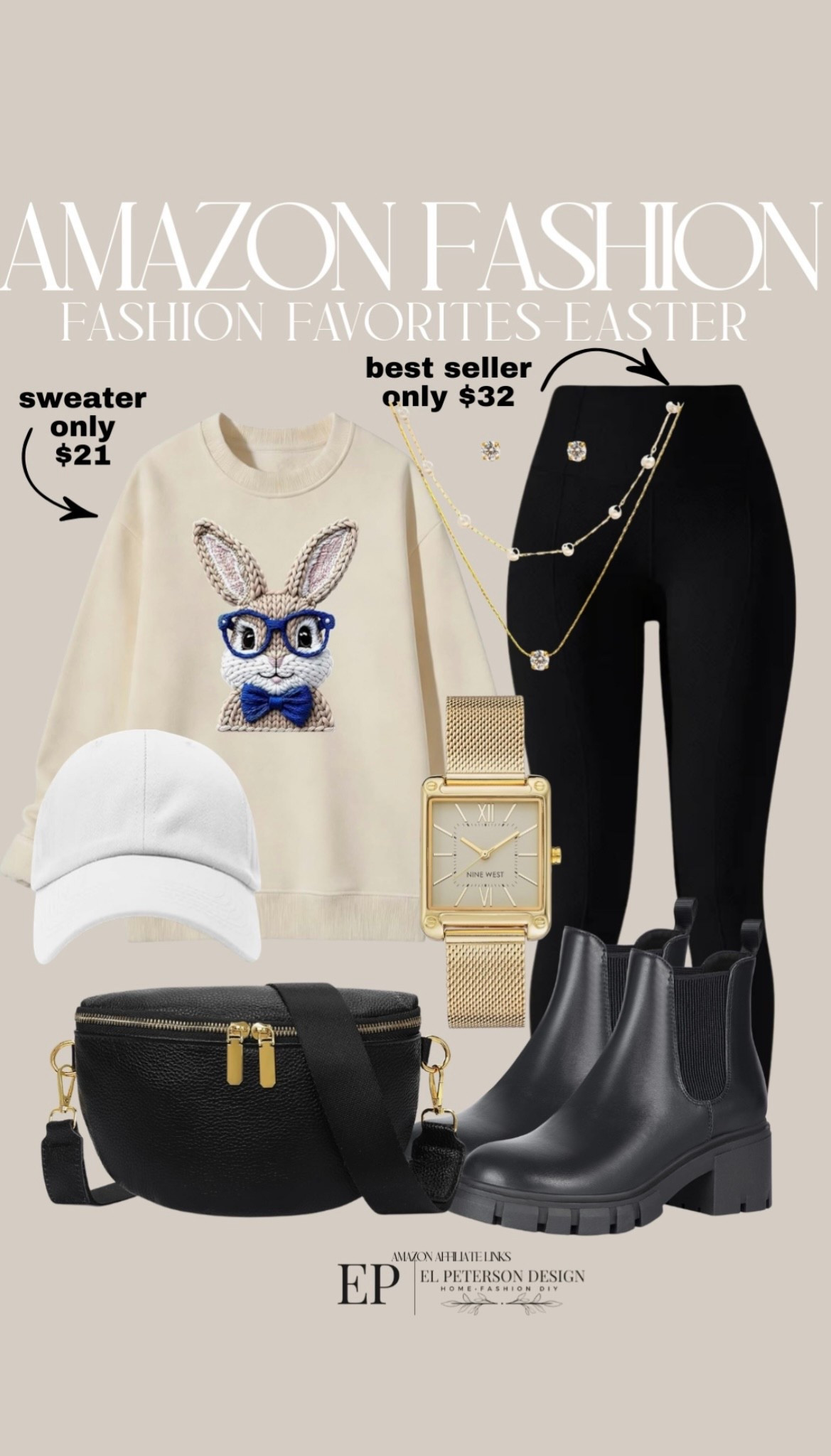 Amazon
Legings
Cap
Chelsea boots
Belt bag
Sweater
Necklace and earrings set
Watch 