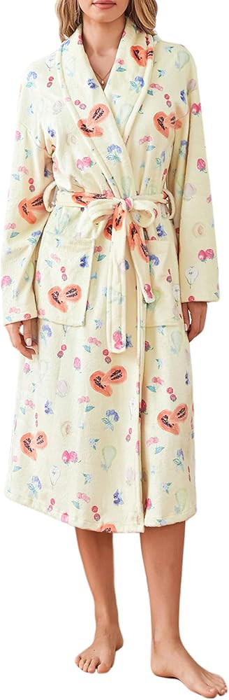 SANSIWU Women Soft Fleece Long Robe Floral Fruit Print Plush Shawl Collar Bathrobe Warm Lounge Ro... | Amazon (UK)