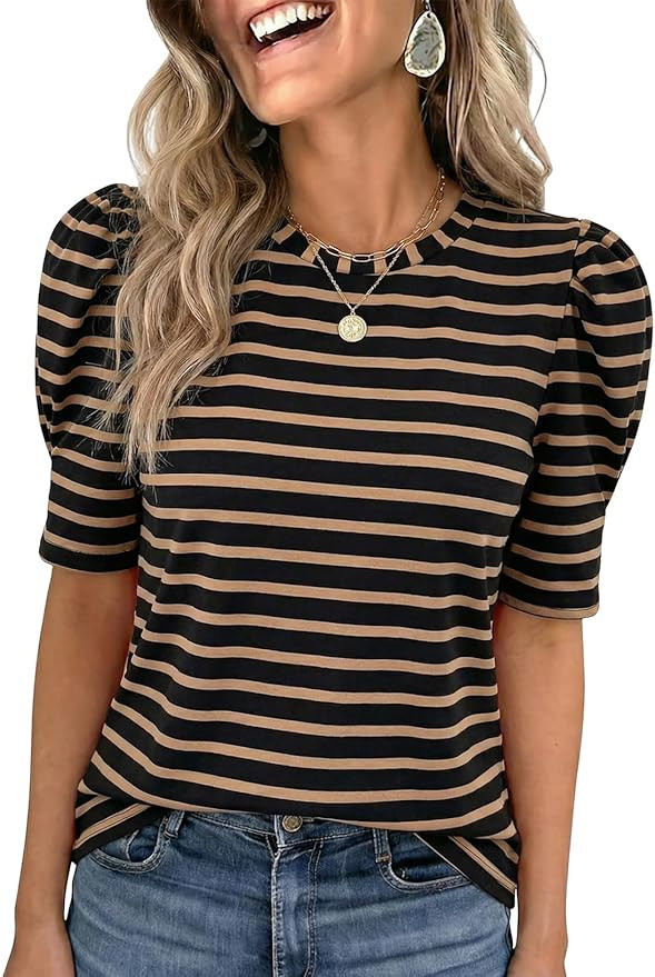 Dokotoo Women's Casual Short Puff Sleeve Crew Neck Striped T Shirts Summer Tops | Amazon (US)