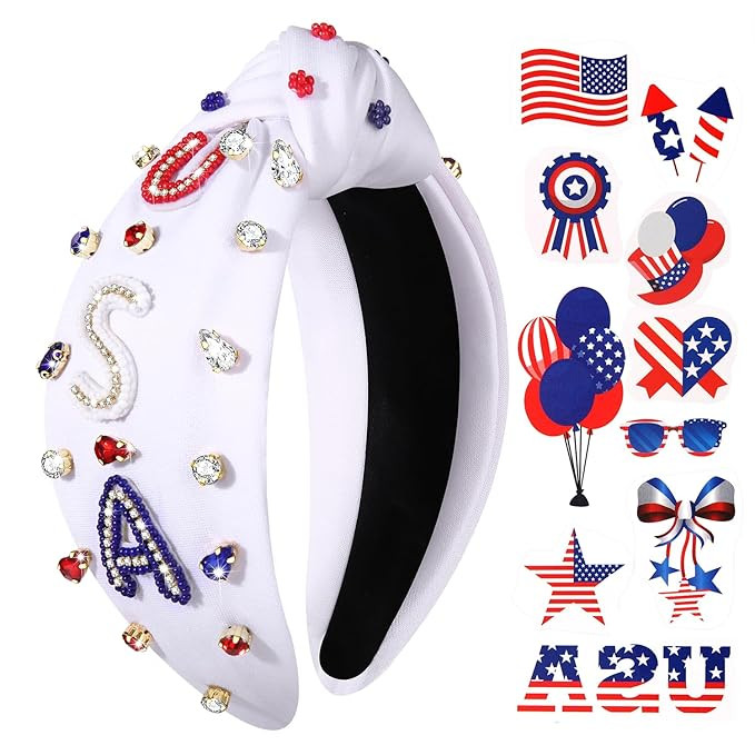 4th of July Headband Beaded USA Headband Patriotic Red White Blue Crystal Embellished Knotted Hea... | Amazon (US)