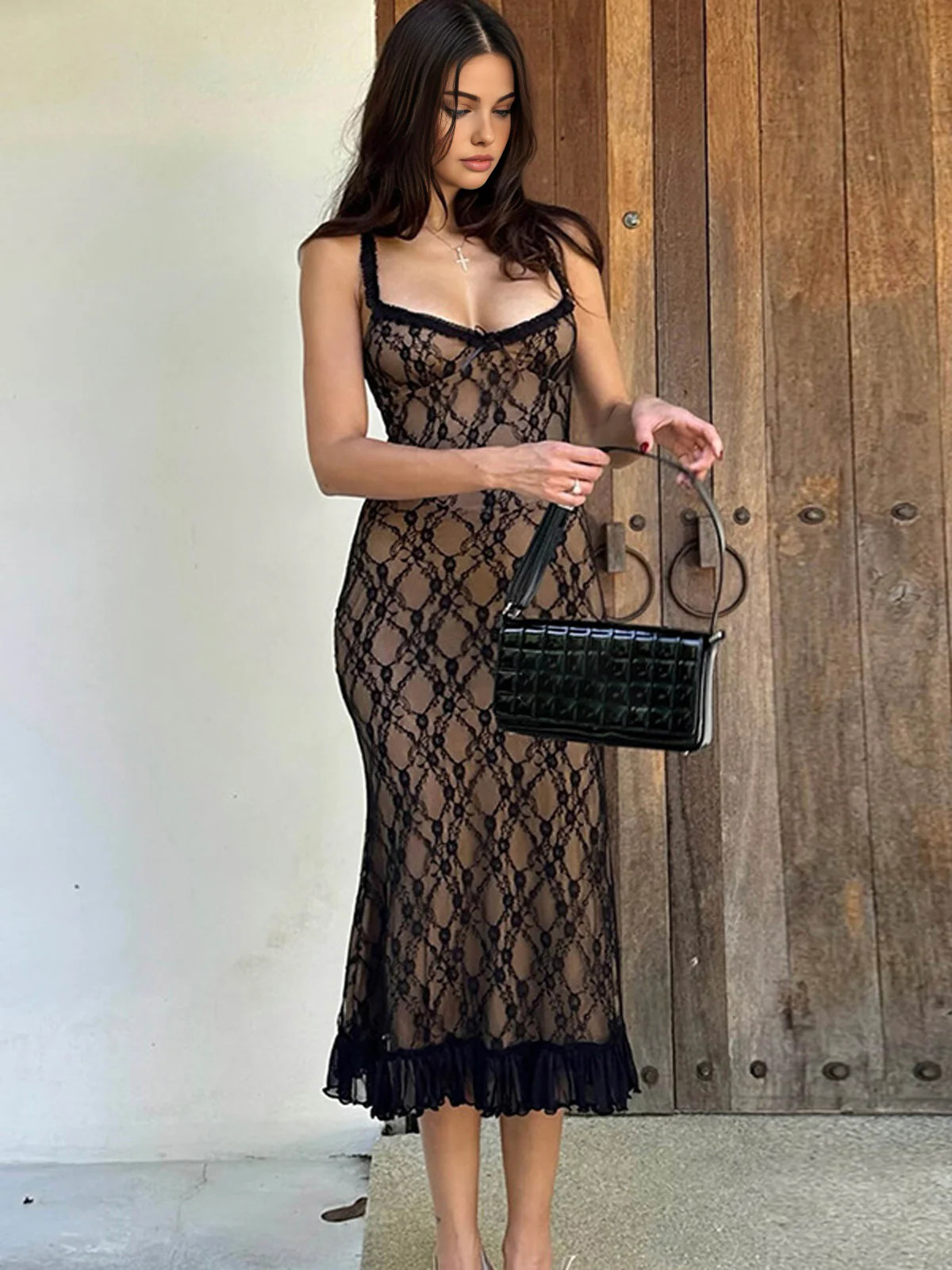 Lace Patchwork Cami Midi Dress | Commense
