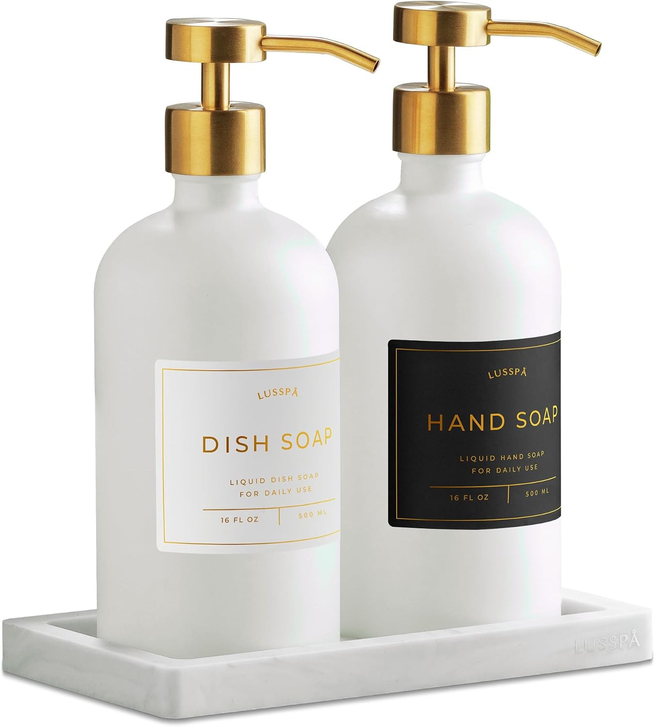 Glass Soap Dispenser Set of 2 (White) with Silicone Tray | Hand and Dish Soap Dispenser for Kitchen and Bathroom | 16.8 Oz Glass Bottles with Stainless Steel Pump & 15 Waterproof Labels (White/Gold) | Amazon (US)