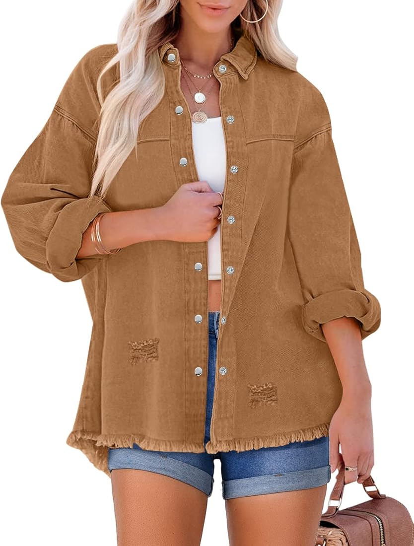 LookbookStore Womens Denim Jacket Oversized Button Down Shirts Jean Shacket Distressed Frayed Coa... | Amazon (US)