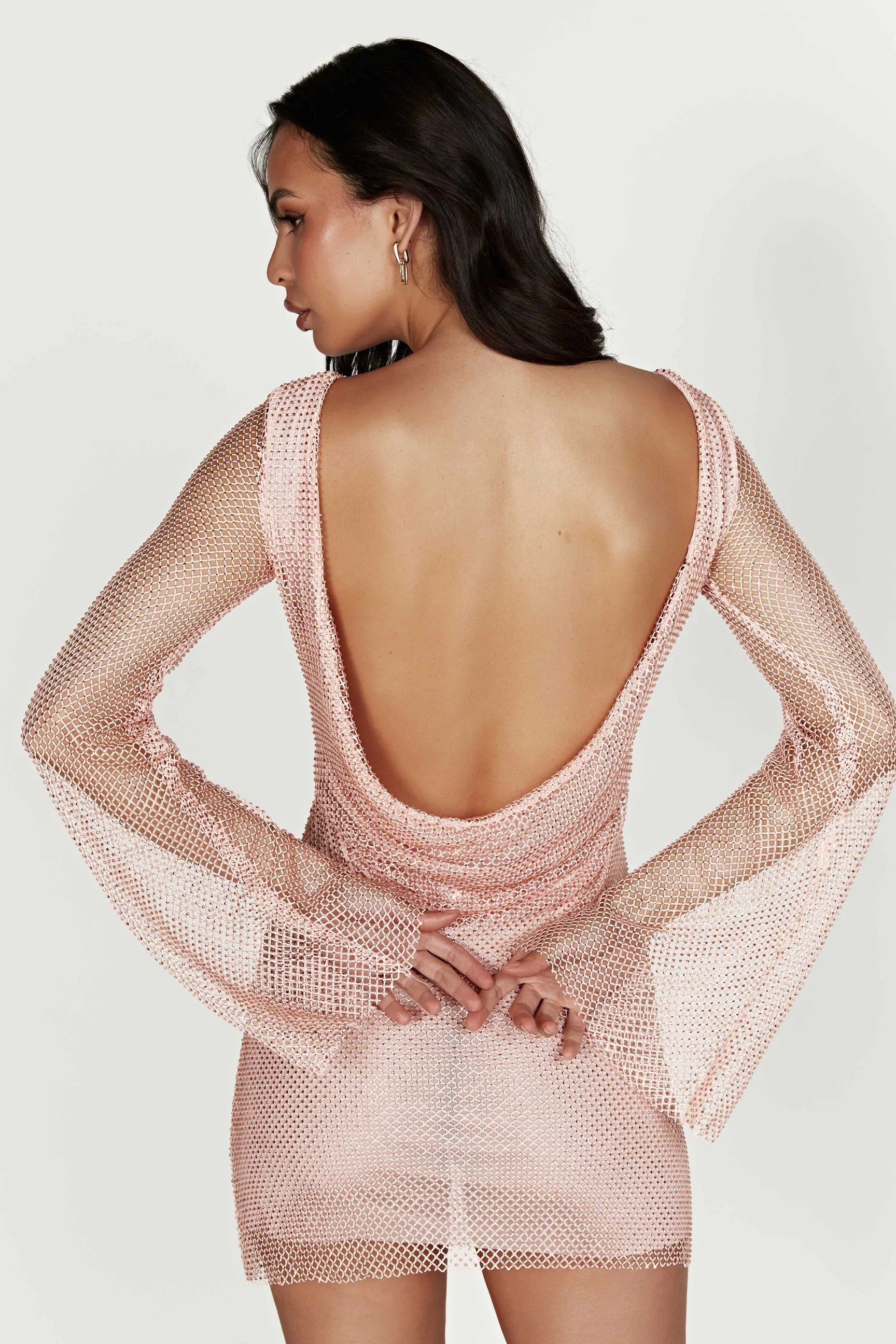 Samira Flare Sleeve Diamante Mesh Mini Dress - Baby Pink | MESHKI US
