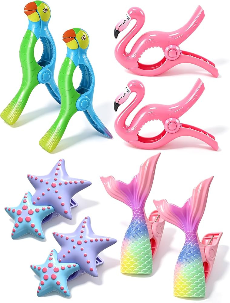 8 Pack Towel Clips for Beach Chairs, Durable and Jumbo Size Parrot Mermaid Tail Towel Clips, Port... | Amazon (US)