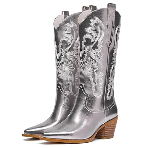 citsanos Women's Metallic Cowboy Boots Sparkly Western Cowgirl Boots with Embroiderdy Wide Mid Calf Pointed Toe Stacked Chunky Heel Pull-on Tabs for Party Wedding Concert, C-silver, 10.5 | Amazon (US)