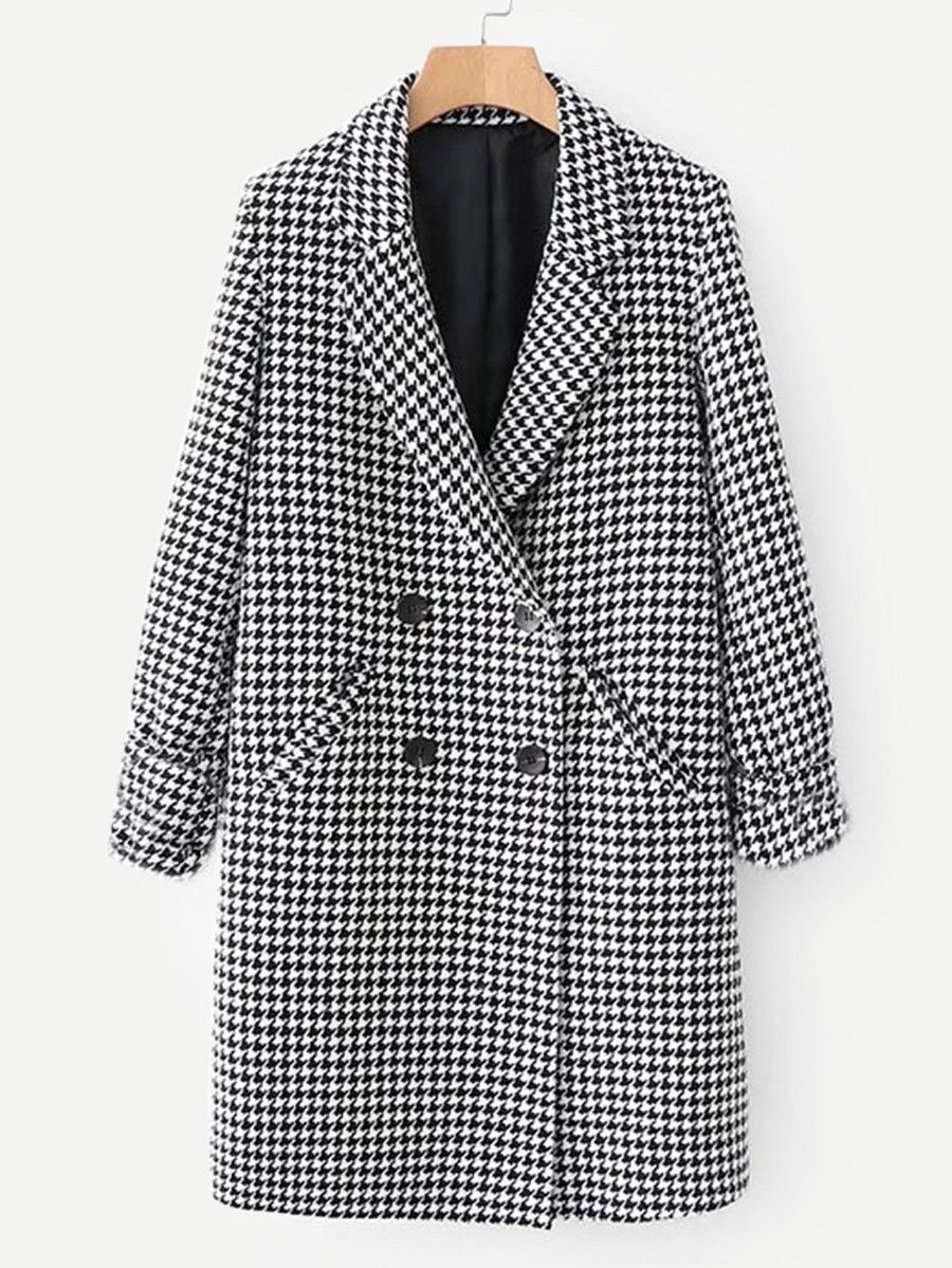 Double Breasted Houndstooth Coat | SHEIN