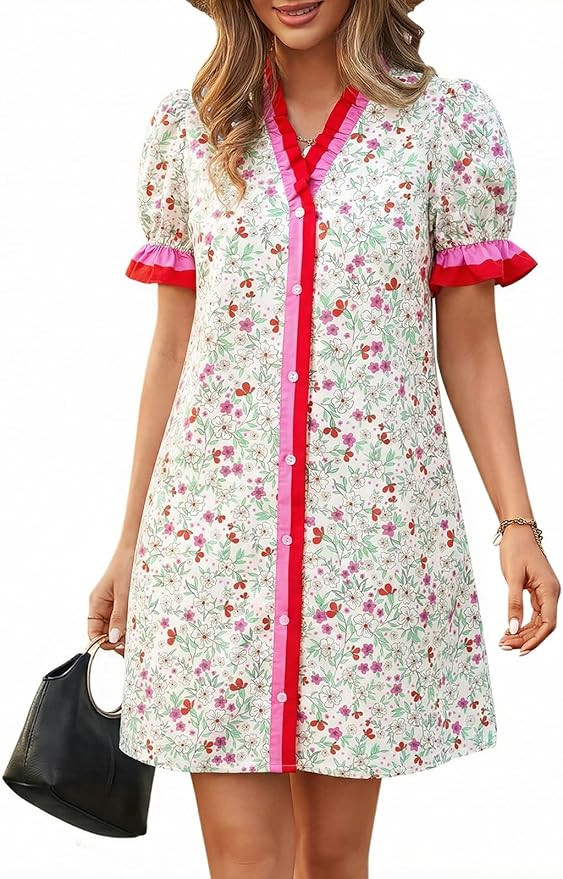 Wenrine Womens Summer Mini Dresses Casual Floral Puff Short Sleeve V Neck Button Down Ruffle Beac... | Amazon (US)